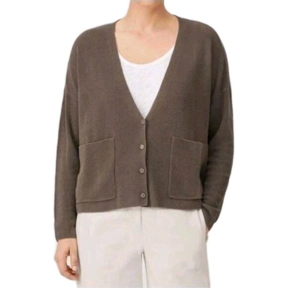 Eileen Fisher Cardigan Sweater Womens Medium Organic Linen Cotton Brown Taupe - Picture 1 of 9